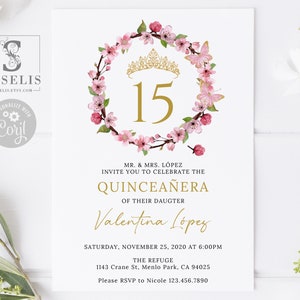 EDITABLE Cherry Blossom Quinceanera Invitation Template, Blush Pink, Mis Quince, Sweet 16, Instant download, Printable, QU096