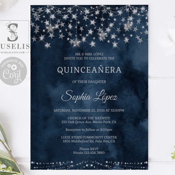 EDITABLE Starry Night Quinceanera Invitation Template, Blue Under the Stars, Mis Quince, Sweet 16, Printable, Instant Download QU103