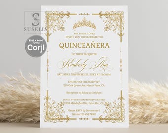 EDITABLE Quinceanera Invitation + Back Template, Gold Ornaments, Swirls, Sweet 16, 15th Birthday, Printable, Instant Download, QU202