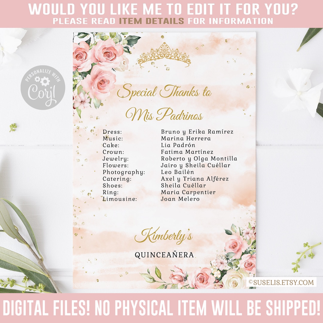EDITABLE Mis Padrinos List, Special Thanks, Blush Pink Flowers