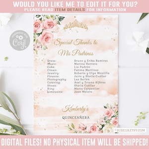 EDITABLE Mis Padrinos List, Special Thanks, Blush Pink Flowers, Butterfly, Mis Quince Anos, 15th Birthday, Corjl Template, Instant QU054B