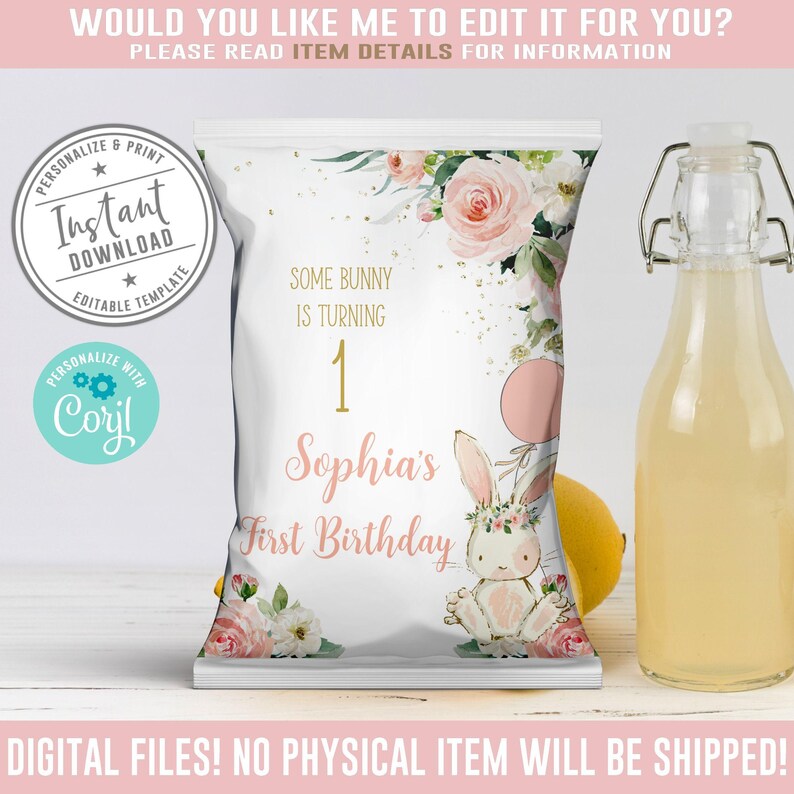EDITABLE Some Bunny Birthday Chip Bag, Corjl Template, Watercolor Bunny Flowers Bag, Instant Download, Bunny Favors, Digital file, 10-148 image 1
