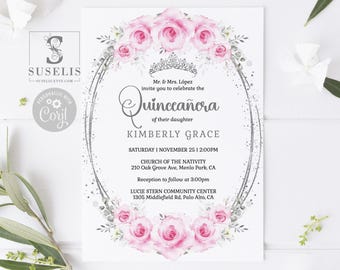 EDITABLE Quinceanera Invitation Template, Pink Flowers, Silver Glitter, Sweet 16, 15th Birthday, Printable, Instant Download, QU166