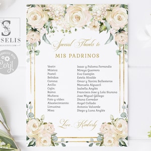 EDITABLE Lista de Padrinos, Special Thanks, List of Godparents, White Flowers, Mis Quince, 15th Birthday, Corjl Template, Instant SU029