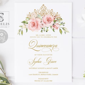 EDITABLE Quinceanera Invitation & Back Template, Blush Pink Flowers, Mis Quince, Sweet Sixteen, Sweet 16, Printable Instant Download, QU021