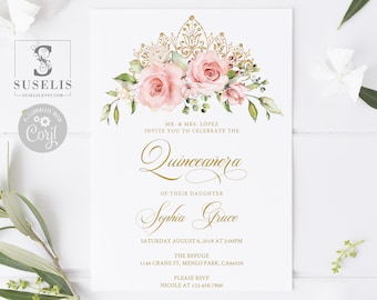 EDITABLE Quinceanera Invitation & Back Template, Blush Pink Flowers, Mis Quince, Sweet Sixteen, Sweet 16, Printable Instant Download, QU021