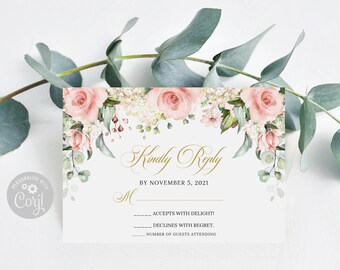 May include: A white RSVP card featuring a floral border of pink roses and green eucalyptus leaves. The text reads Kindly Reply, BY NOVEMBER 5, 2021, M, ACCEPTS WITH DELIGHT!, DECLINES WITH REGRET., and NUMBER OF GUESTS ATTENDING.