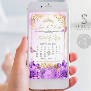 Editable Save the Date Template, Gold Purple Flowers, Text Invite, Quinceañera, Sweet 16, Evite, SMS Email, Printable Instant download QU102