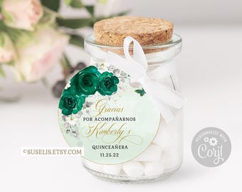 Editable Quinceanera Favor Tag, Emerald Green Gift tag, Mis Quince Anos, 15th Birthday, Butterfly, Corjl Template, Instant Download QU084F