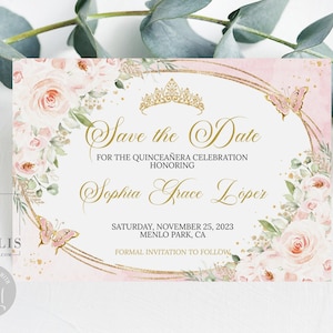 Editable Save the Date Card Template, Blush Pink Flowers, Quinceañera, Sweet 16, Quince, 15th Birthday, Printable, Instant Download, QU201