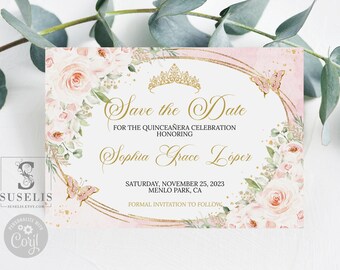 Editable Save the Date Card, Blush Pink Quinceañera Invitation QU201