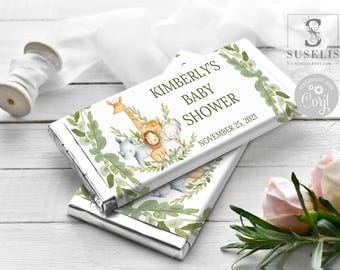 EDITABLE Chocolate Wrapper, Jungle Animals, Baby Shower, Candy Bar, Party Favors, Corjl Template, Instant Download, Digital file, BS252