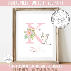 Personalisierte Name, Kätzchen, Katze, rosa Blumen, Geschenk für Kinder, Kinderzimmer Druck, Schild, Poster Kinderwanddekor, Mädchenzimmer Druck DIGITAL