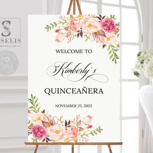 Editable Quinceanera Welcome Sign Template, Blush Pink Flowers, Sweet 16, Poster, Mis Quince, 15th Birthday, Instant Download, QWLC001