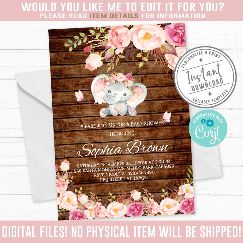 Corjl Template Girl Printable Pink Flowers Design BS164 Watercolor Elephant Butterfly Instant download EDITABLE Baby Shower Invitation