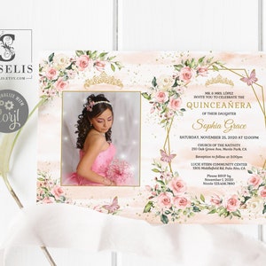 EDITABLE Quinceanera Photo Invitation Template, Blush Pink Flowers, Sweet Sixteen, Mis Quince, Sweet 16, Printable, Instant download, QU054B