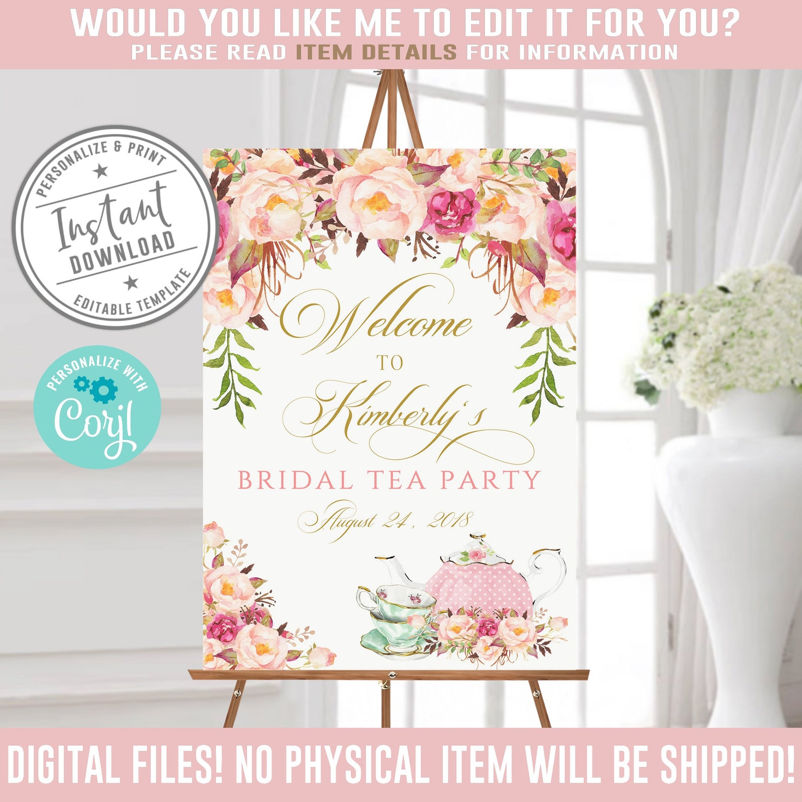 Editable to Tea Party Bridal Shower sign Corjl Etsy