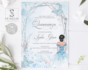 EDITABLE Quinceanera Invitation & Back Template, Silver Blue Flowers, Sweet 16, Butterfly, Mis Quince, Sweet Sixteen, Instant Download QU069