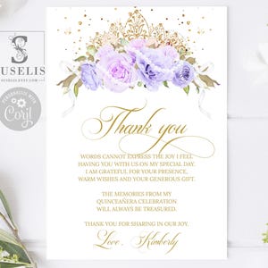 EDITABLE Thank you Card Template, Purple Lilac Flowers, Quinceañera, Sweet Sixteen, Sweet 16, 5x7 inch, Printable, Instant Download, QU135