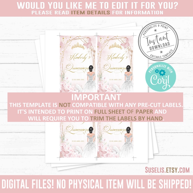 EDITABLE Quinceañera Wine Bottle Labels White Blush Etsy