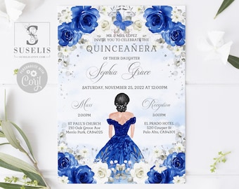 EDITABLE Quinceanera Invitation Template, Lista de Padrinos, Royal Blue Floral, Butterfly, Mis Quince, Sweet 16, Printable, Download QU084