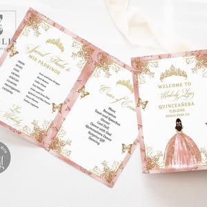 May include: A folded Quinceañera programme card featuring rose gold glitter borders, gold floral accents, and butterfly illustrations. The text includes Welcome to Kimberly Lopez Quinceañera 11.25.2035, Order of Events, and Special Thanks to Mis Padrinos.