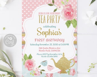 EDITABLE Tea Party Birthday Invitation, Corjl Template, Watercolor Flowers, Gold Teapot, Instant Download, Diy Printable Digital File 10-007
