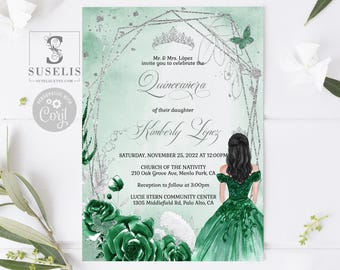 EDITABLE Quinceanera Invitation Template, Emerald Green Flowers, Sweet 16, Mis Quince, 15th Birthday, Printable, Instant Download QU174