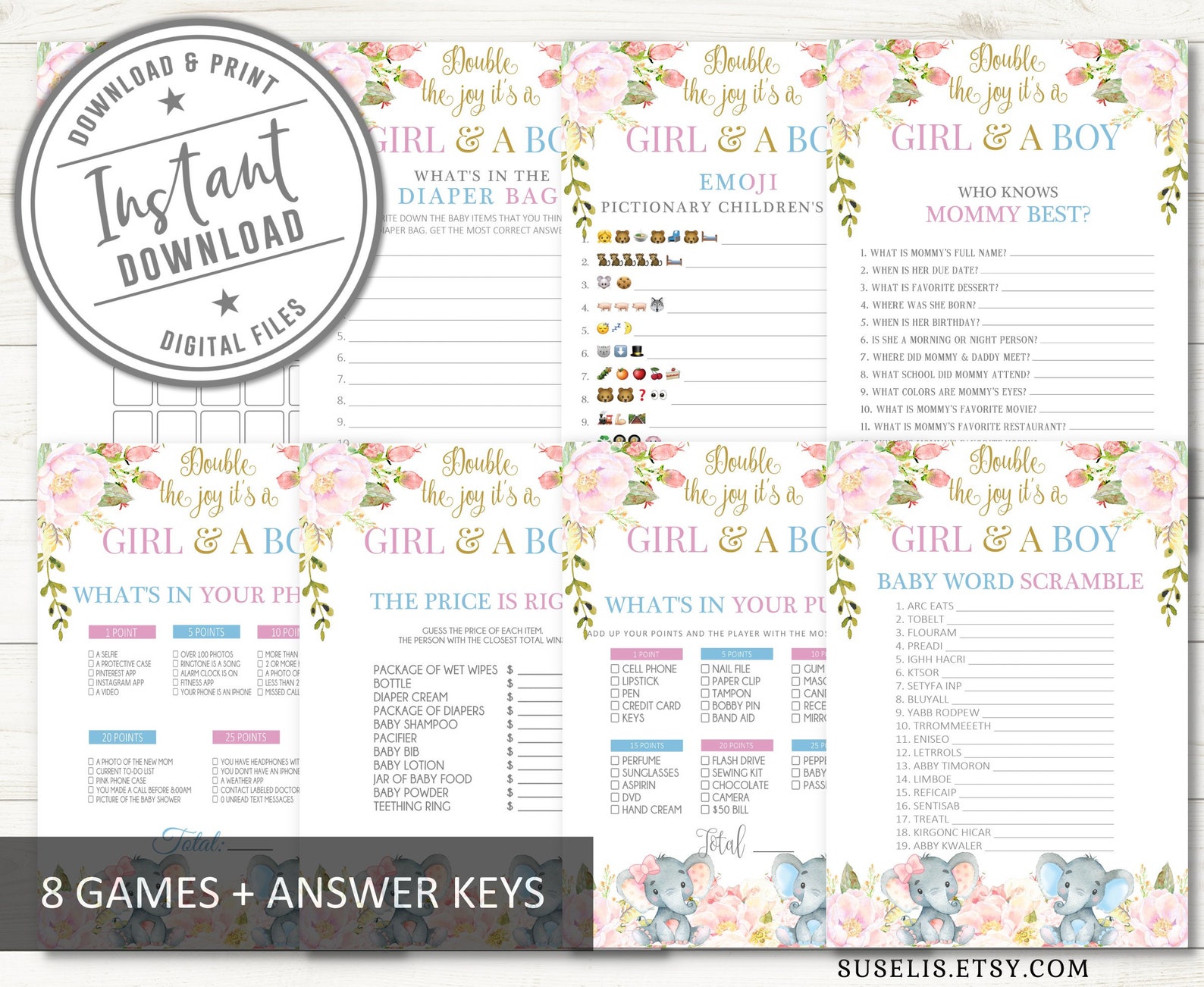Printable Twins Baby Shower Game Bundle 8 Games Baby Girl | Etsy