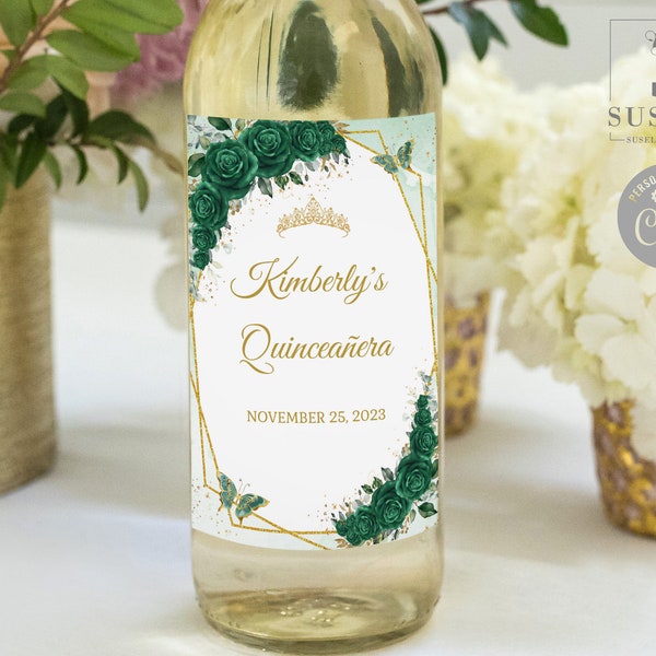 EDITABLE Quinceañera Wine Bottle Label Template, Gold Emerald Green Flowers, Butterfly, Mis Quince, Favor labels, Instant Download, QU197