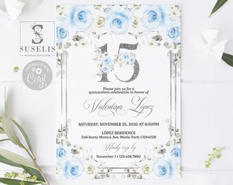 EDITABLE Quinceanera Invitation & Back Template, Baby Blue Flowers, Mis Quince Anos, 15th Birthday, Instant Download, Printable, SU029