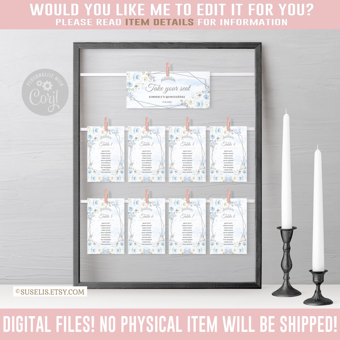 EDITABLE Table Seating Chart Cards, Table Plan, Watercolor Blue Silver ...
