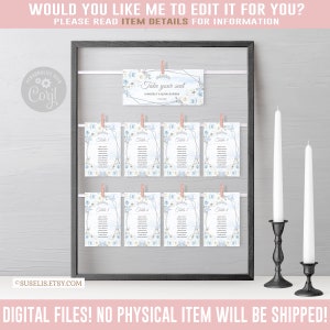EDITABLE Table Seating Chart Cards, Table Plan, Watercolor Blue Silver Flowers, Corjl Template, Instant download, Printable QU054A