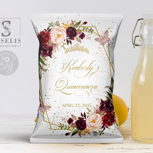 EDITABLE Quinceañera Chip Bag Template, Burgundy Flowers, Sweet 16, Mis Quince Anos, 15th Birthday, Printable, Instant Download, QU062