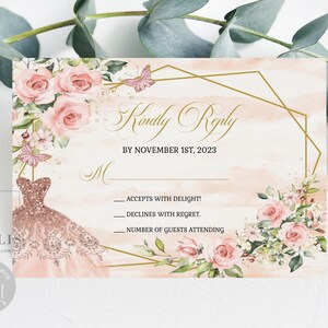 Editable RSVP Card Template, Kindly Reply, Blush Pink Flowers, Butterfly, Mis Quince Anos, 15th Birthday, Instant Download, QU054B