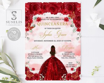 EDITABLE TEMPLATE Quinceanera Invitation + Back, Red Flowers Roses, Butterfly, Mis Quince, Sweet 16, Printable, Instant Download, QU136