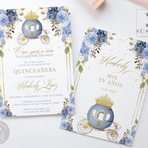 EDITABLE Quinceanera Princess Invitation & Back Template, Blue Flowers, Princess Carriage, Mis Quince, Sweet 16, Printable, Instant, QU116