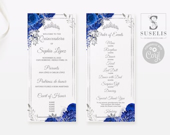 EDITABLE Program Template, Royal Blue Flowers, Quinceañera, 15th Birthday, Sweet 16, Butterfly, Printable, Instant Download, QU121B