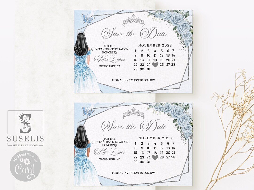Editable Save the Date Template, Baby Blue Roses Flowers, Quinceañera