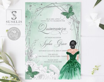 EDITABLE Quinceanera Invitation & Back Template, Emerald Green, Butterfly, Mis Quince, Sweet 16, Printable, Instant Download, QU069