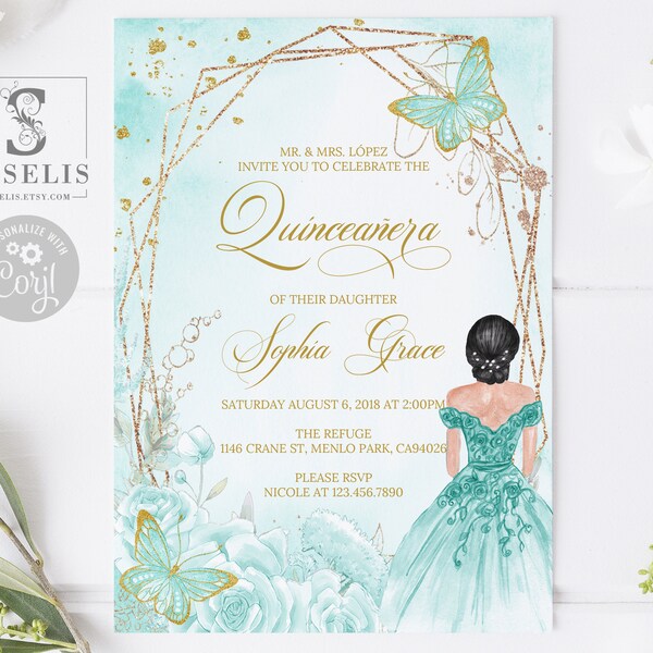 EDITABLE Quinceanera Invitation & Back Template, Sea Mist Flowers, Butterfly, Mis Quince, Sweet 16, Printable, Instant Download QU069