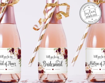 Printable, Will You Be My Bridesmaid, Mini Wine Champagne, Bottle Label, Instant Download, Maid of Honor, Matron of Honor, DIGITAL FILES