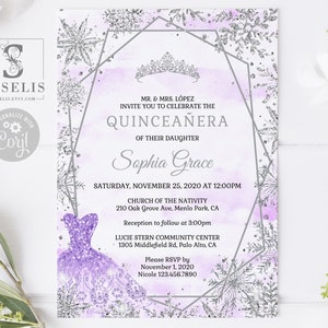 EDITABLE Winter Wonderland Quinceanera Invitation, Lavender Silver, Mis Quince Anos, 15th Birthday, Corjl Template, Instant Download, SU030