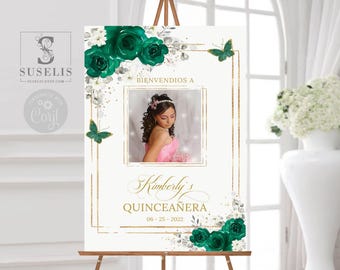 EDITABLE Photo Quinceañera Welcome Sign, Template, Emerald Green Flowers, Sweet Sixteen, Wedding, Poster, Signage, Instant Download QU084