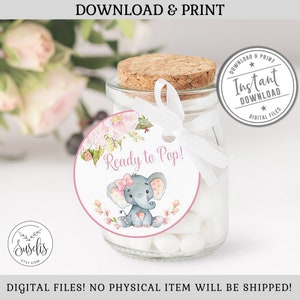 Printable Ready To Pop Tags, Elephant Baby Shower Stickers, Instant Download Favor Tags Watercolor Floral Baby Elephant, DIGITAL FILES BS053