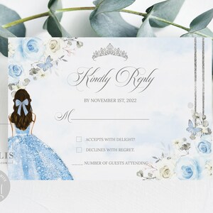 Editable Quinceañera RSVP Card Template, Baby Blue Silver Flowers, Kindly Reply, Mis Quince, Sweet 16, Printable, Instant Download, QU136