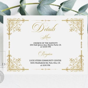 Editable Template Details Card, Enclosure, Gold Ornaments, Swirls, Mis Quince Anos, 15th Birthday, Printable, Instant Download, QU202