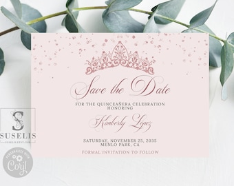 Editable Rose Gold Save the Date Card Template, Glitter, Quinceañera, Sweet 16, Mis Quince, 15th Birthday, Printable Instant Download, QU126