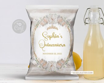 EDITABLE Quinceañera Chip Bag, White Flowers, Butterfly, Mis Quince, 15th Birthday, Party Favors, Corjl Template, Instant Download, QU166