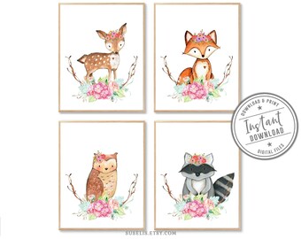 May include: Four digital prints featuring a watercolor fawn, fox, owl, and raccoon, each wearing a floral crown and surrounded by pink flowers and branches. The text reads DOWNLOAD AND PRINT, INSTANT DOWNLOAD DIGITAL FILES, and SUSELIS.ETSY.COM.